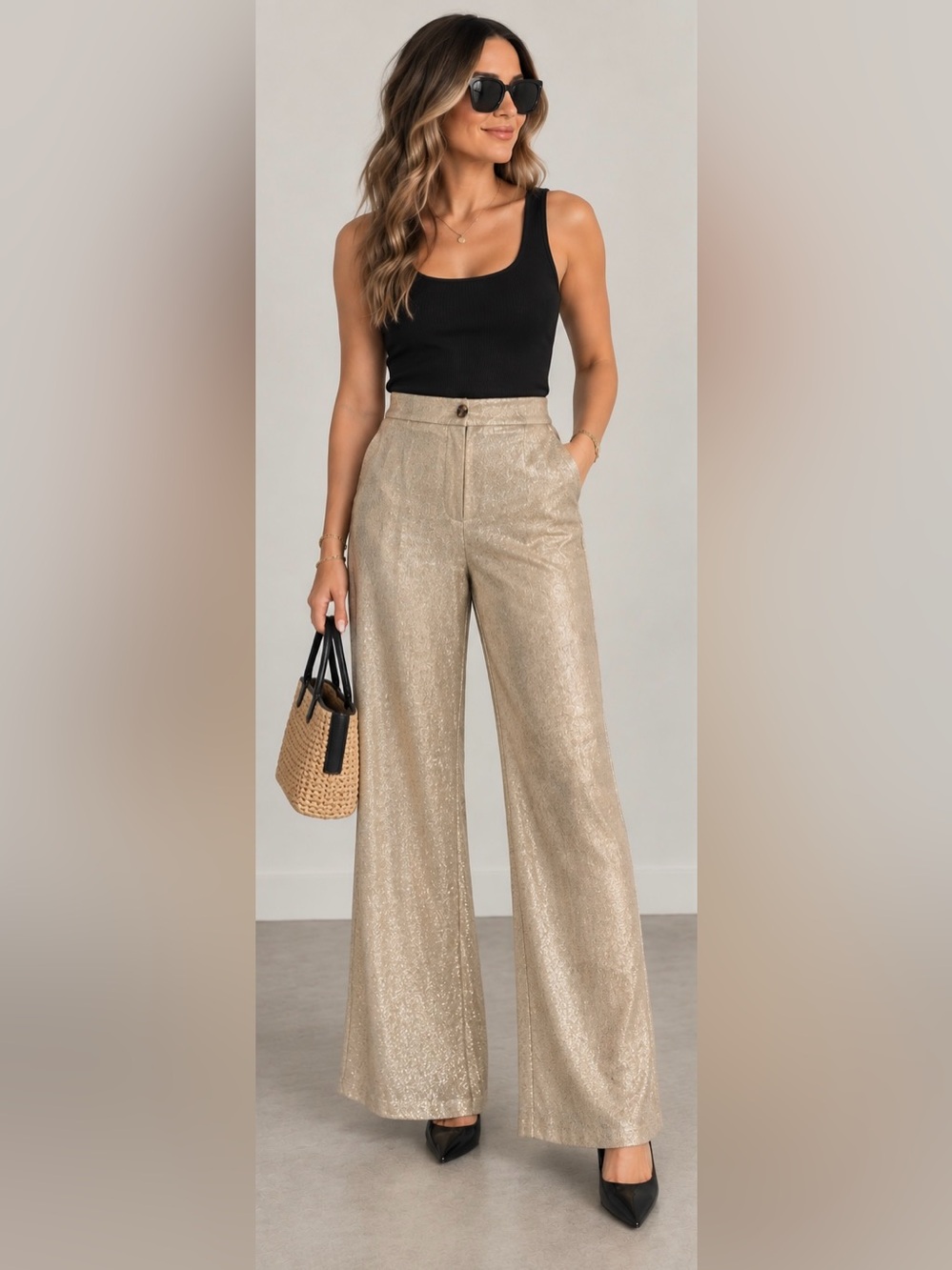 Wide-Leg Metallic Gold Trousers - Women Pants